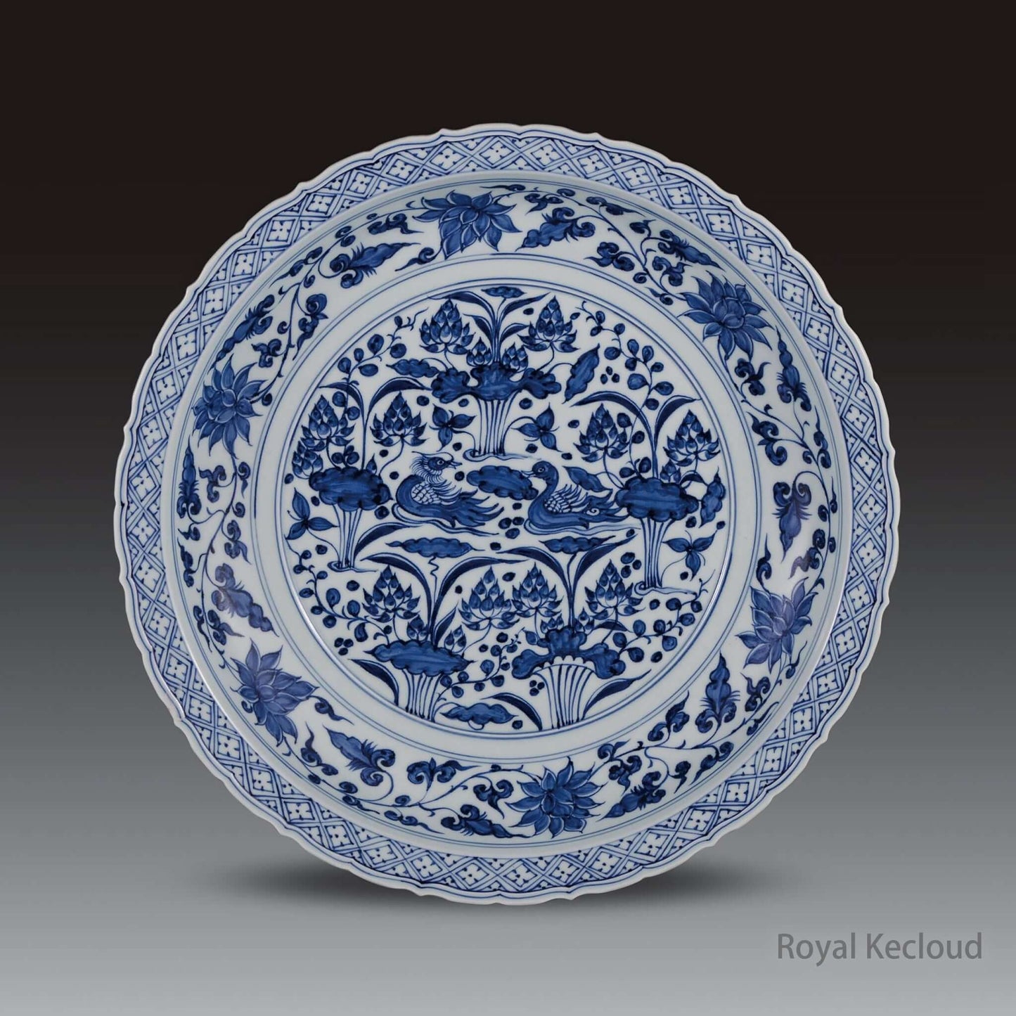 Chinese Blue and White Porcelain Dish featuring intricate floral and bird motifs, inspired by the Yuan Dynasty.