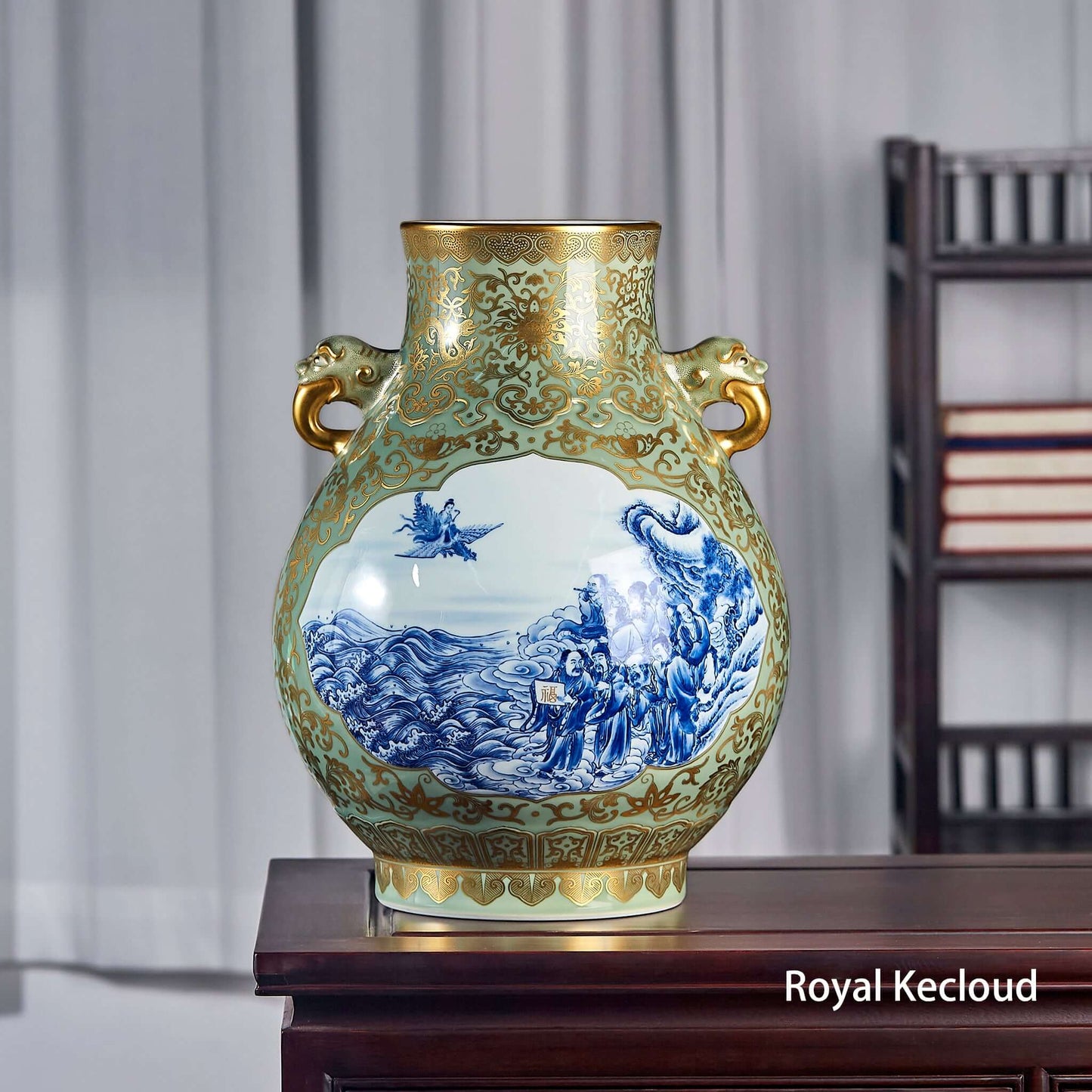Blue and White Porcelain Vase with intricate designs and gold accents, elegantly displayed on a wooden table.