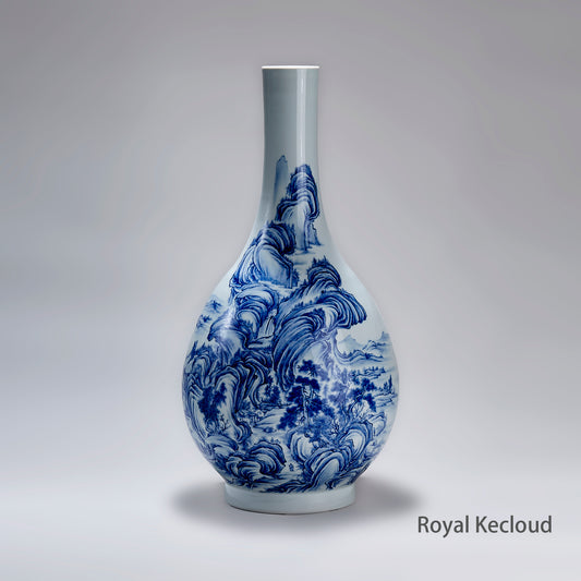 pear-shaped blue and white imperial porcelain vase with cobalt-blue mountainous and river landscape design.