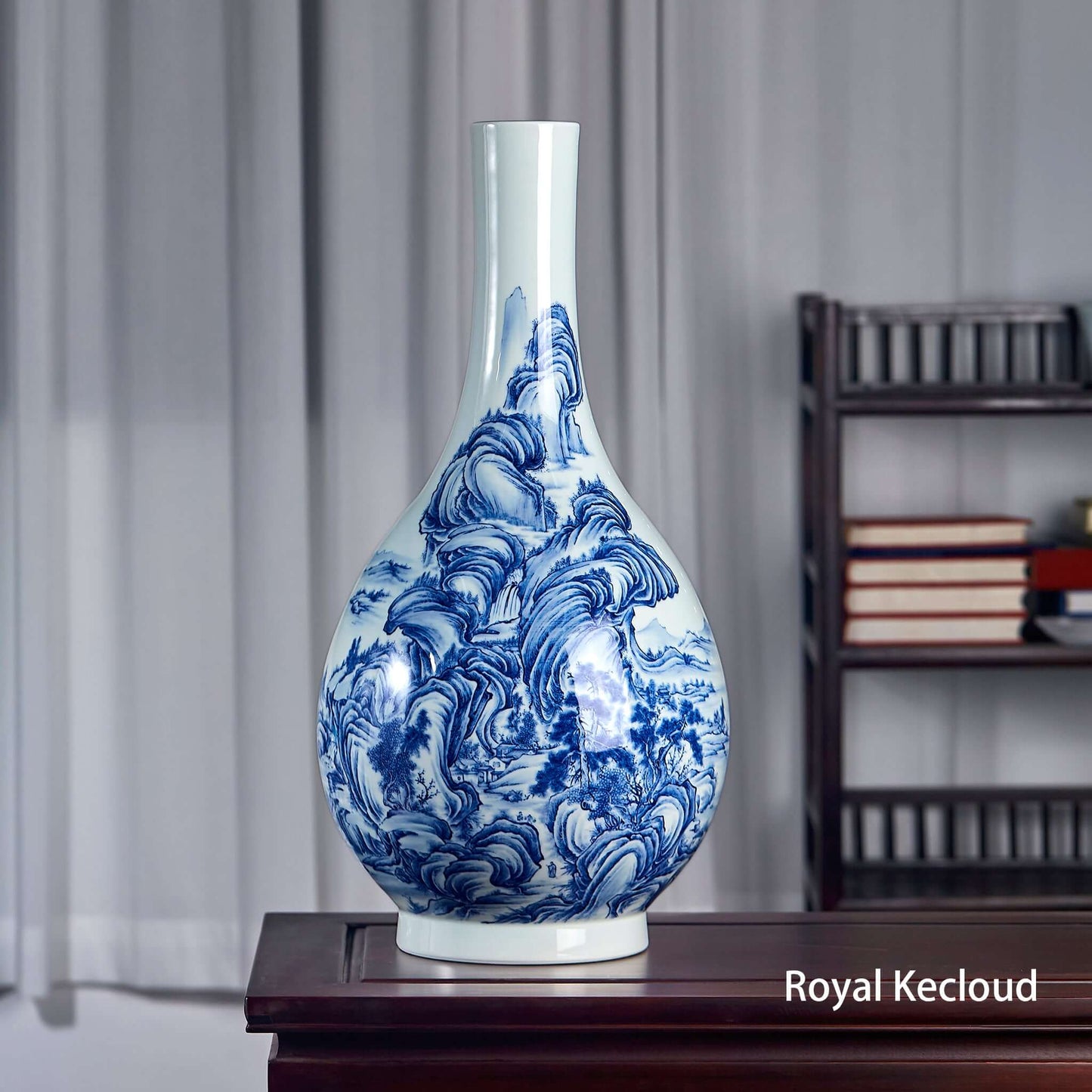 Blue & White Porcelain Vase featuring a pear shape and mountain river landscape design.