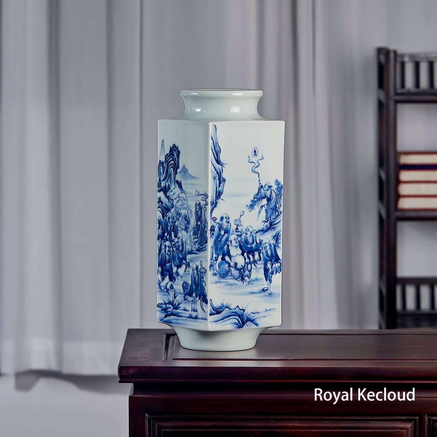 Blue & White Ceramic Vase featuring intricate Eighteen Arhat hand-painted scenes on a square-section body.