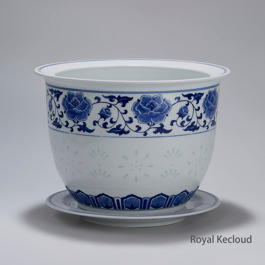 Imperial blue-and-white porcelain jardinière with inverted bell shape, adorned with intricate floral scrolls, handcrafted by master artisans.