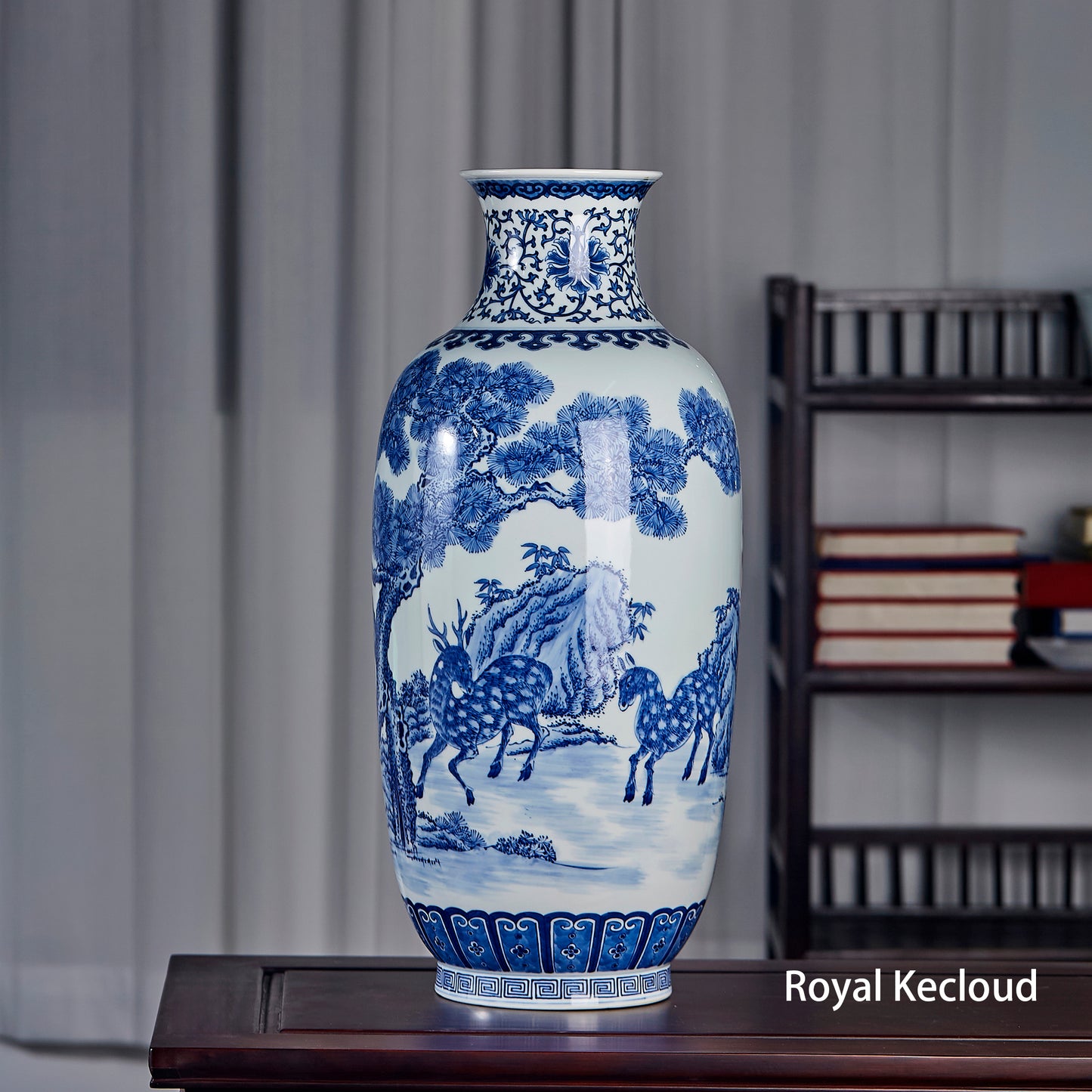 Chinese Qing Dynasty Blue and White 'Deer and Pine' Porcelain Vase