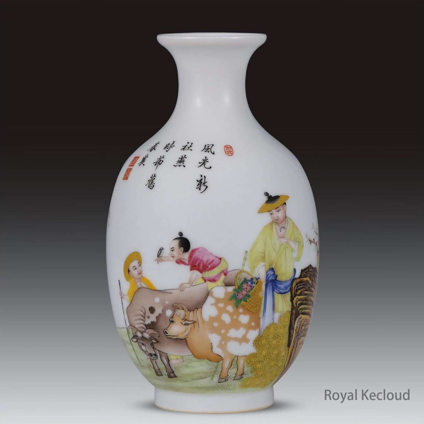 Enamel Ceramic Vase featuring vivid figures and scenes, inspired by Qing Dynasty Emperor Qianlong.