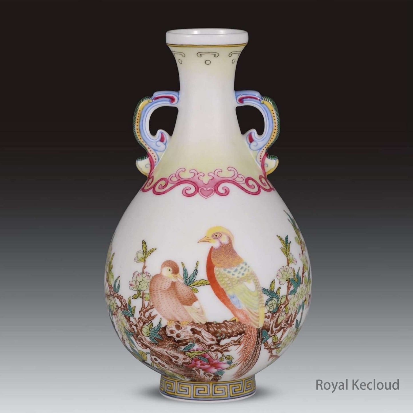 Enamel Porcelain Vase featuring intricate bird designs and classical floral patterns, inspired by Qing Dynasty artistry.