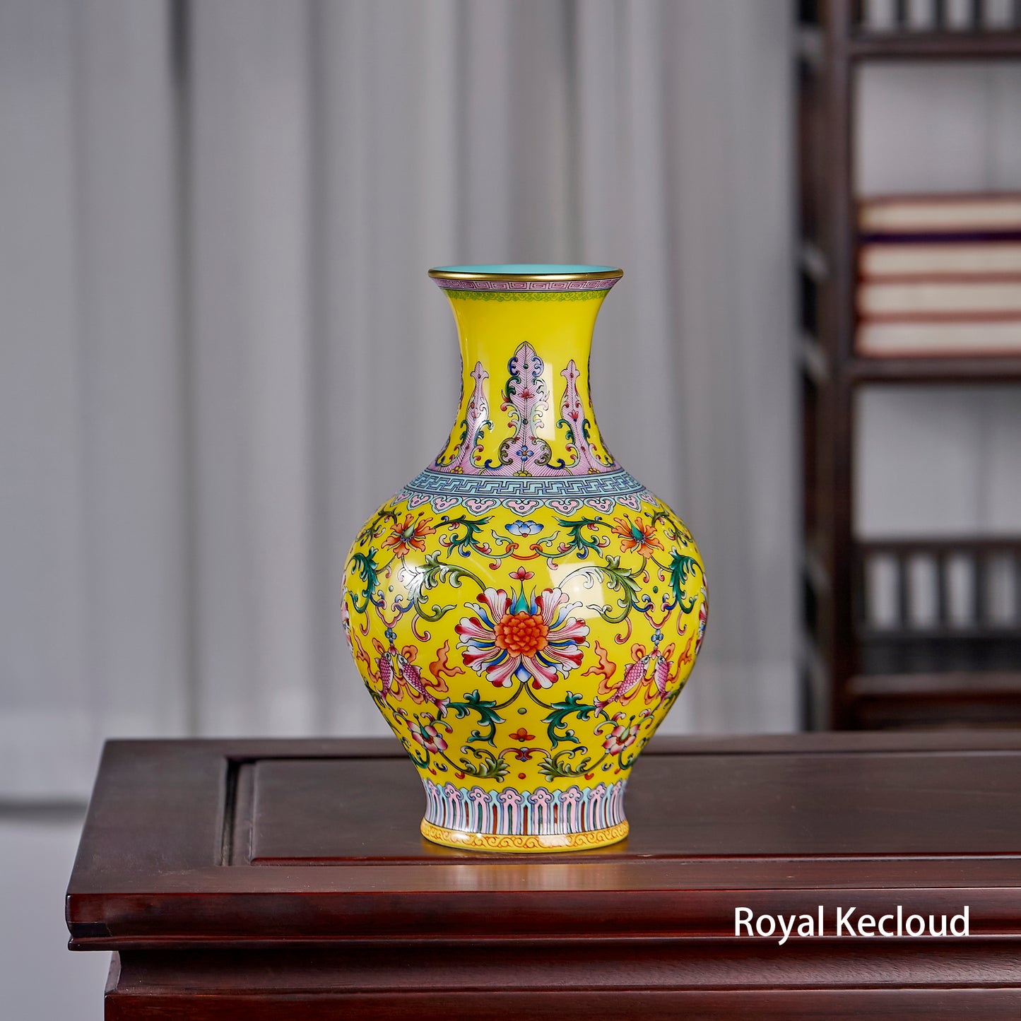 Empire Qianlong Yellow-ground Famille Rose 'Flowers' Porcelain Vase