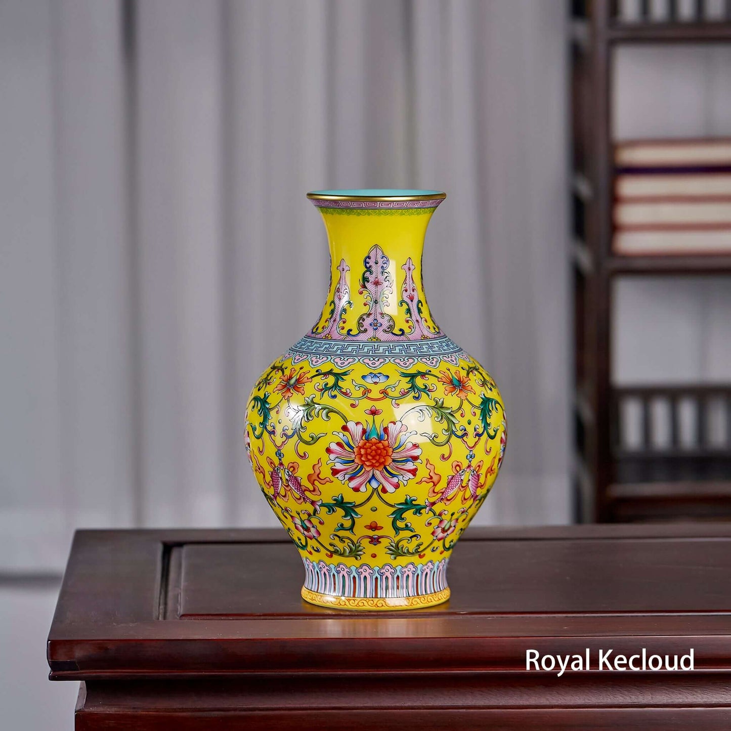 Famille Rose Porcelain vase featuring a vibrant yellow ground and intricate floral designs, inspired by the Qing dynasty.