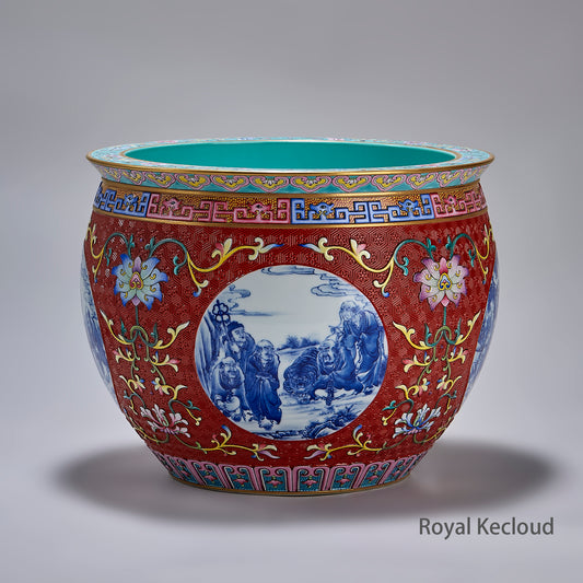 Engraved & Colored Eighteen Arhat Blue and White Ceramic Jardinière