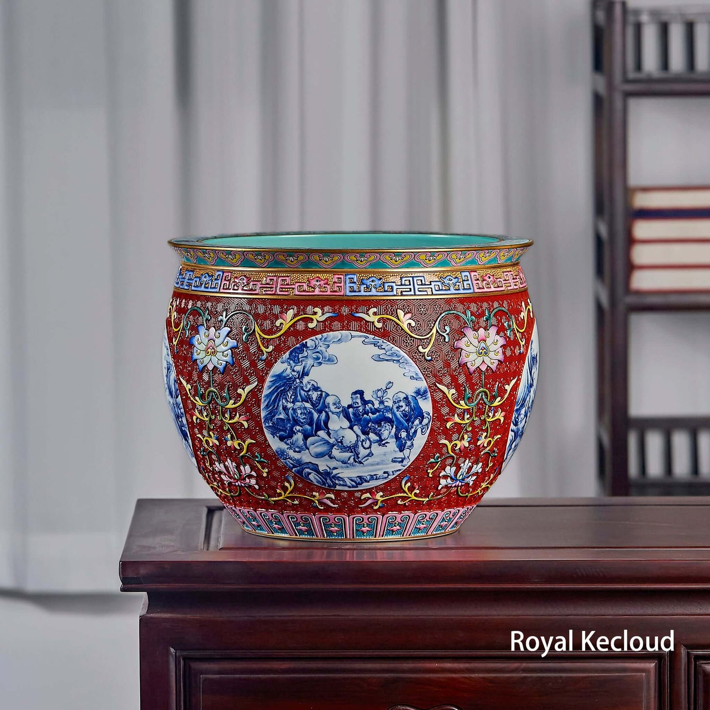 Blue and White Ceramic Jardinière featuring detailed engravings of Eighteen Arhats in floral design.