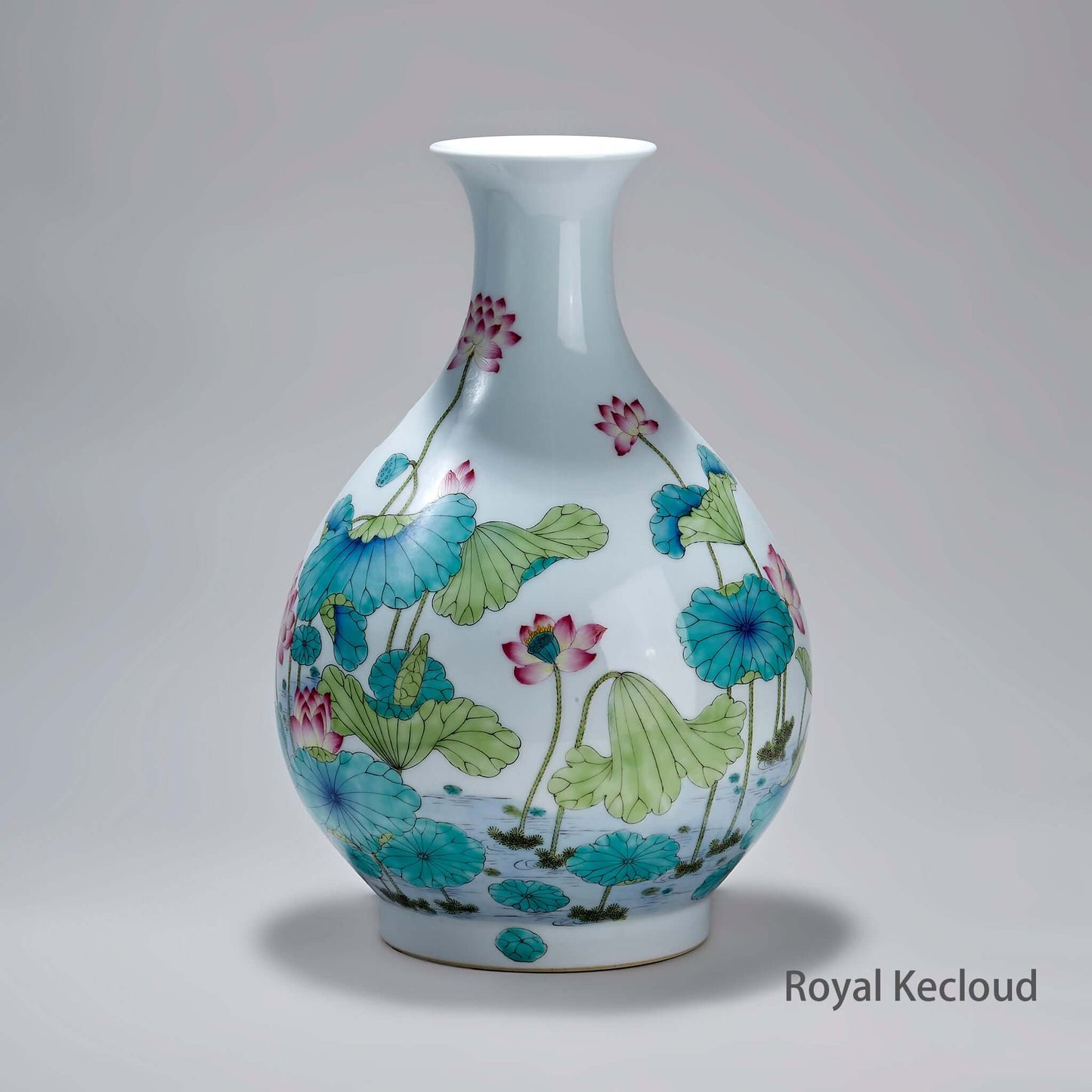 Famille Rose Porcelain vase featuring lotus pond design and pear-shaped silhouette, inspired by Qing Dynasty artistry.