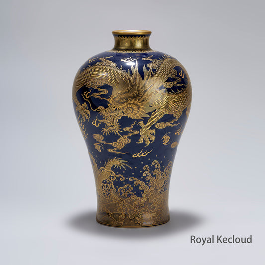 Royal Porcelain Vase with gilt dragon design, clouds, and waves, finely potted with flared neck and angular shoulders