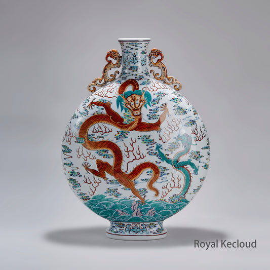 Handcrafted Qianlong Doucai ‘Dragon’ Moonflask vase. Painted with mineral pigments, kiln-fired at 1280°C — imperial power and refined artistry.