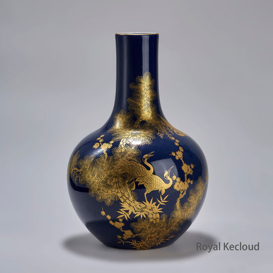 Imperial Blue-Glazed Porcelain Vase | Gold Gilted 'Cranes, Plum Blossom, Bamboo and Pine'