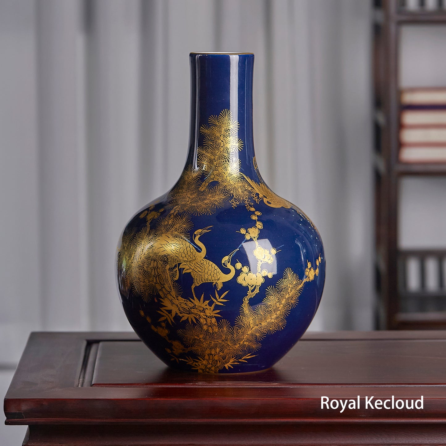 Imperial Blue-Glazed Porcelain Vase | Gold Gilted 'Cranes, Plum Blossom, Bamboo and Pine'