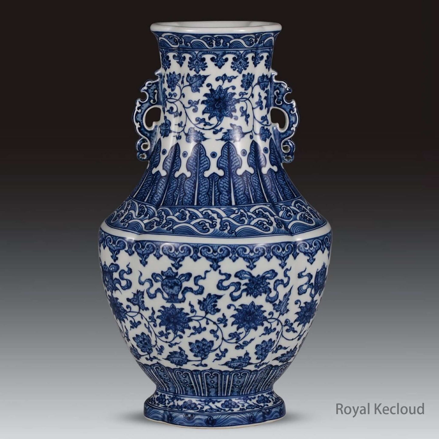 Imperial Blue and White Porcelain Vase | Bajixiang Handled with intricate cobalt-blue designs.