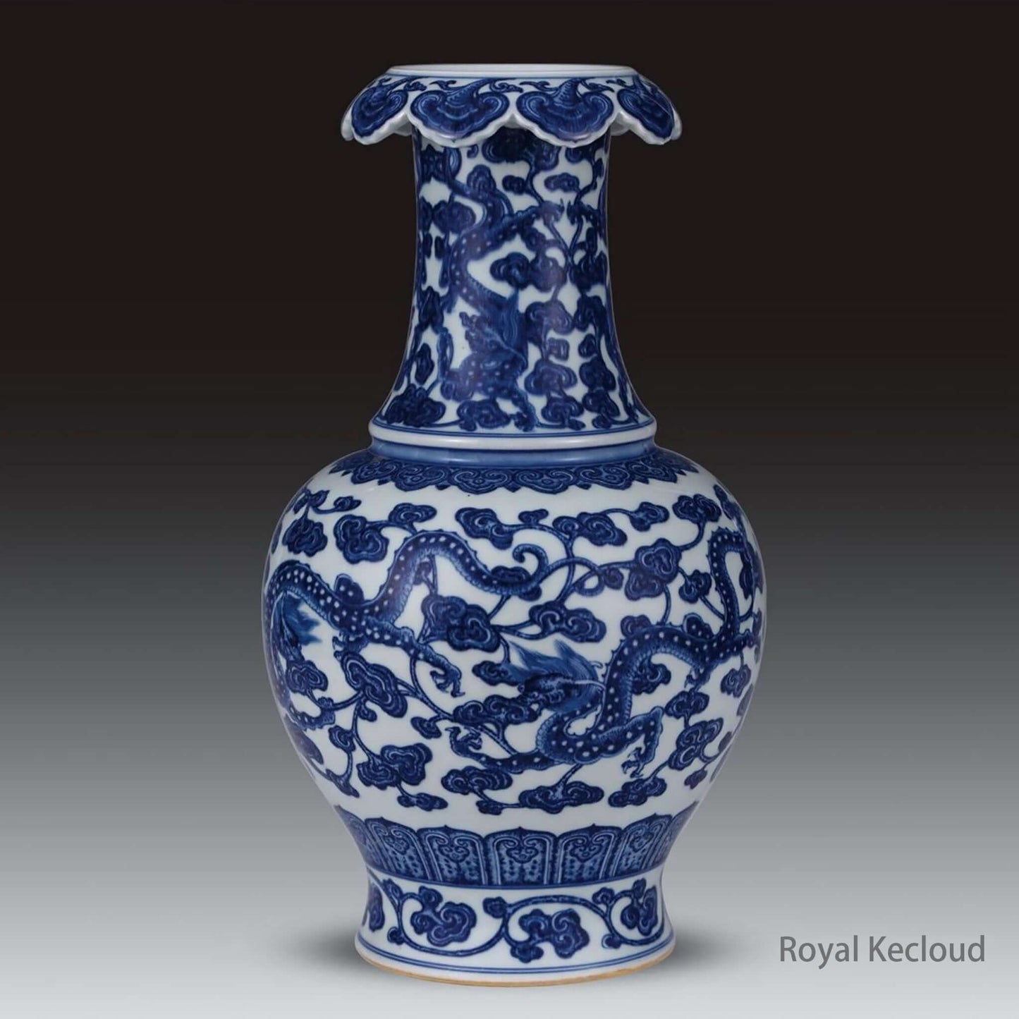 Blue and White Ceramic Vase showcasing Qing Dynasty craftsmanship with dragons and clouds design.