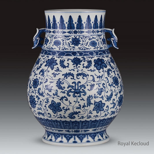 Imperial Blue and White Porcelain Vase | Qing Dynasty Qianlong | ‘Twined Lotus’ Double-Ear Zun