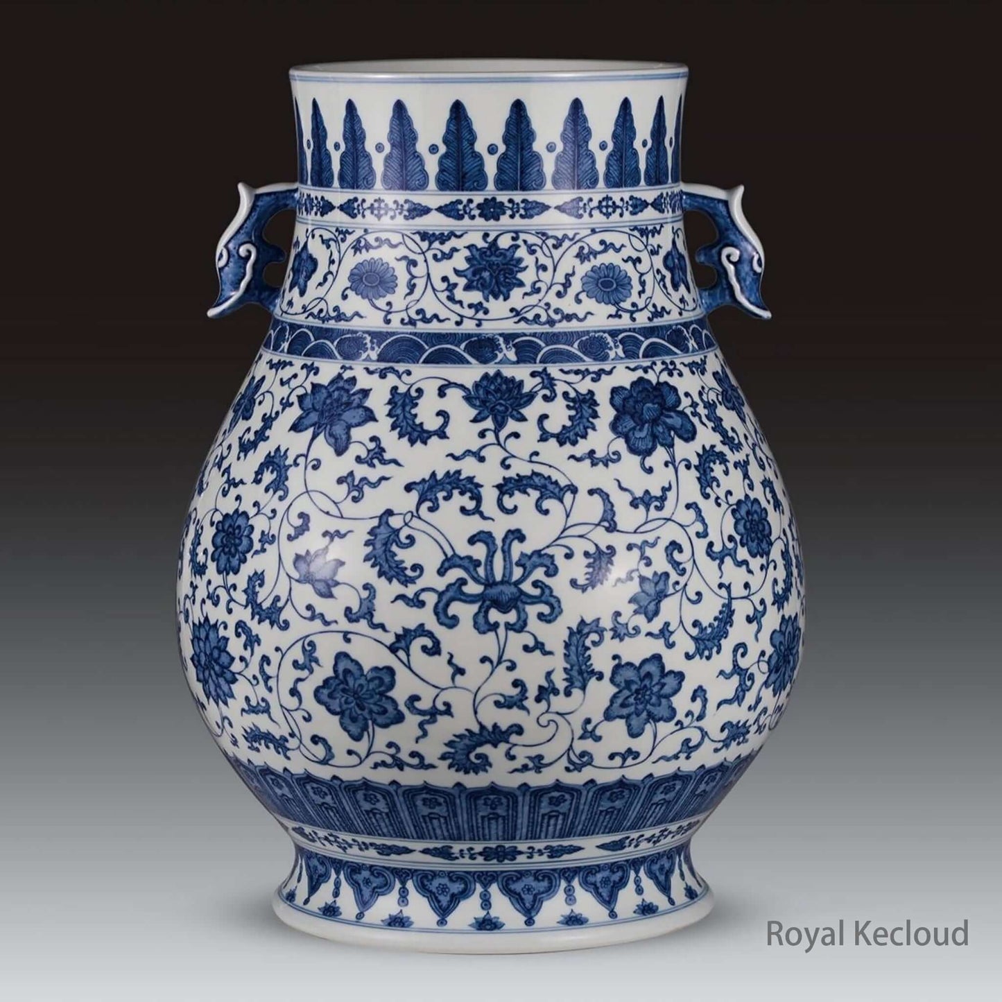 Blue and White Porcelain Vase showcasing Qianlong craftsmanship with Twined Lotus design, symbolizing purity and harmony.