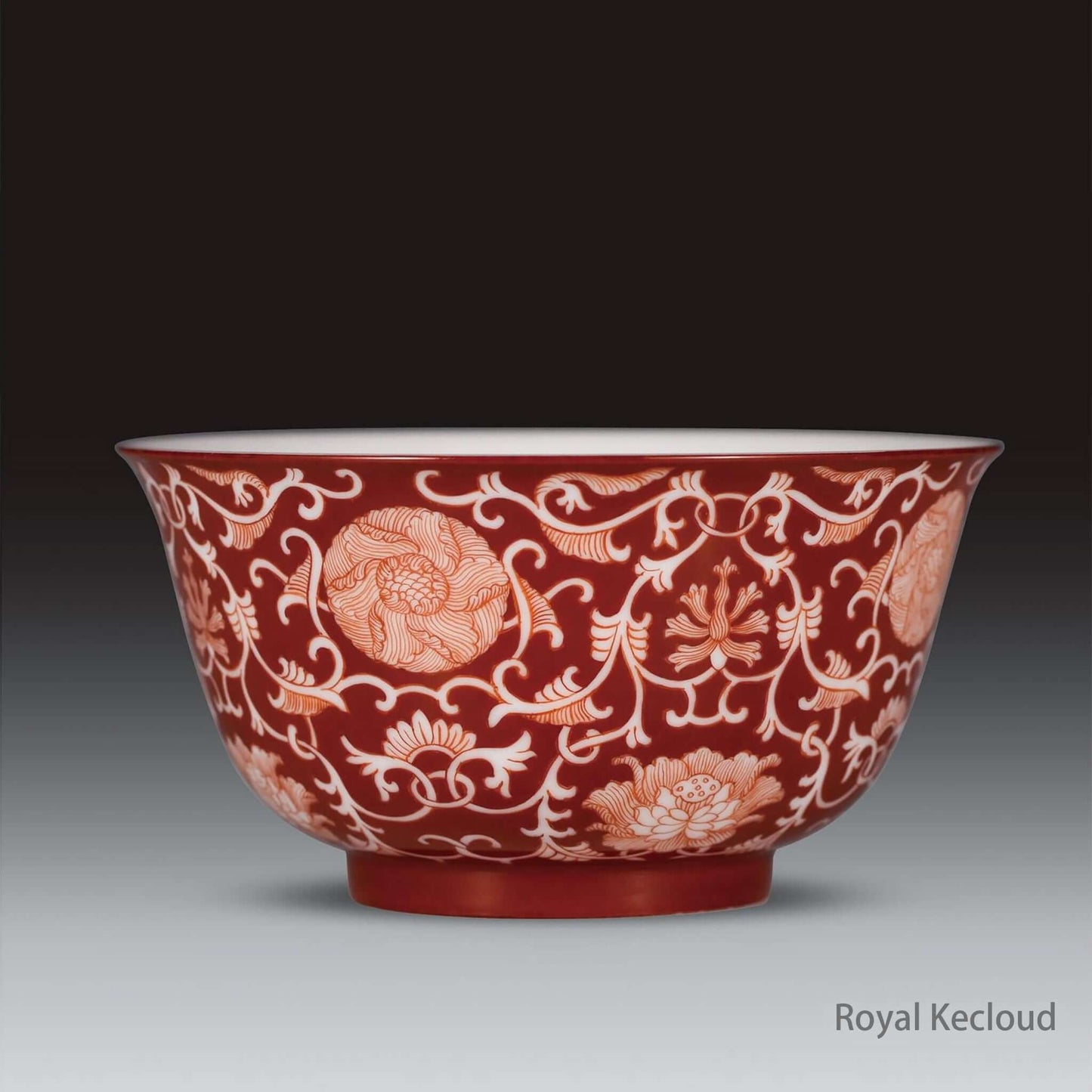Imperial Ceramic Bowl with coral-red ground and hand-painted blossoms, inspired by Qing Dynasty Qianlong.