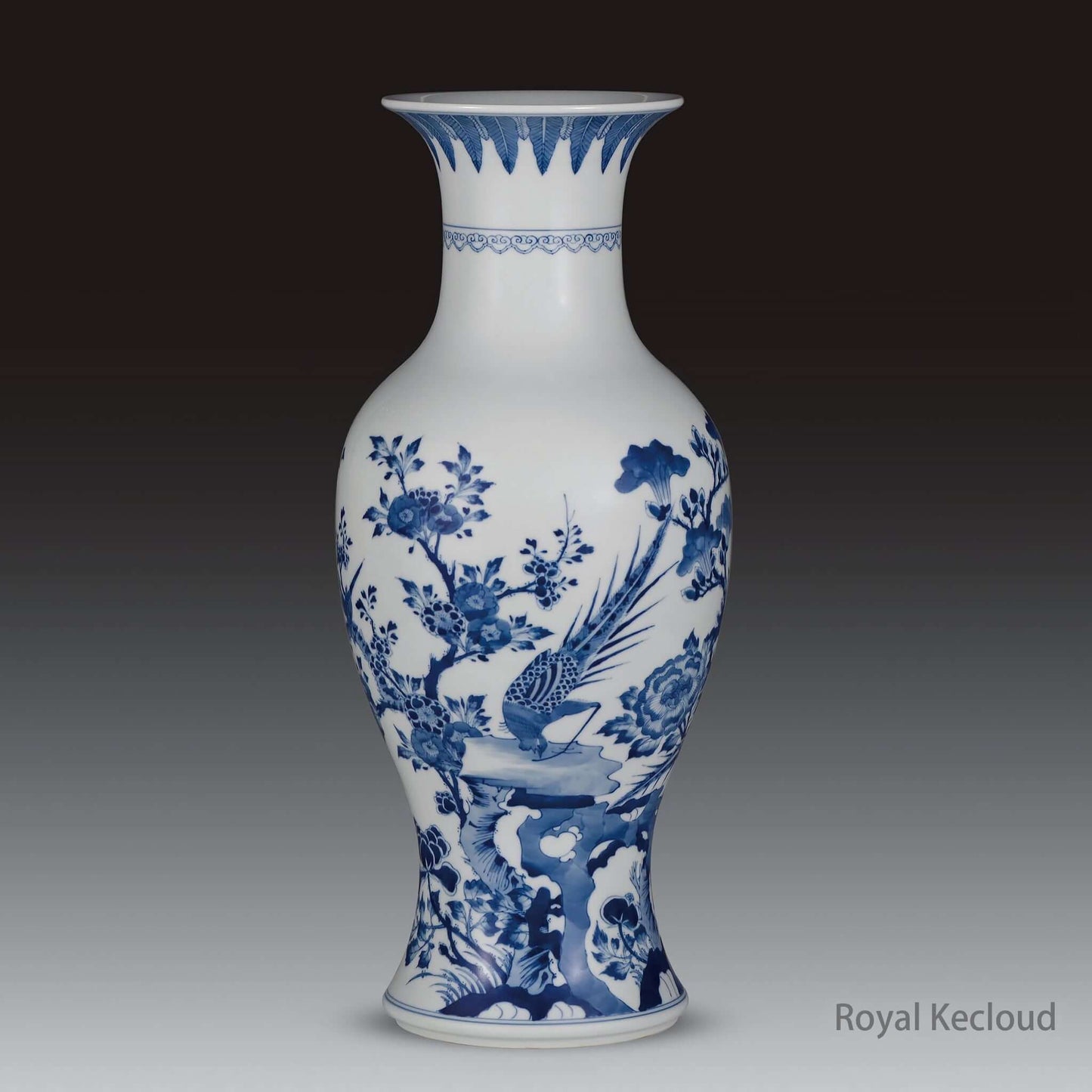 Blue and White Ceramic Vase featuring floral and bird designs embodying Qing Dynasty Kangxi craftsmanship.