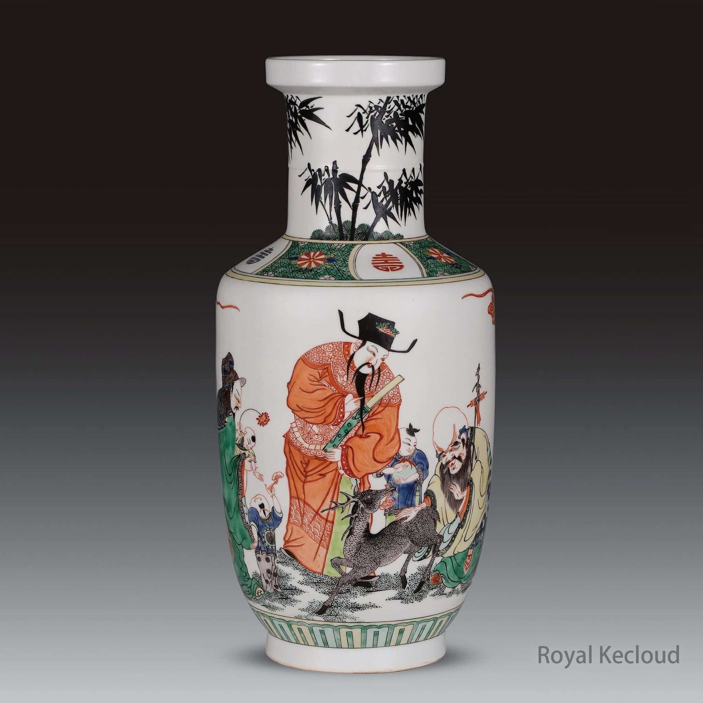 Chinese Porcelains Wucai vase featuring Fu, Lu, and Shou stars with traditional Chinese emblems.