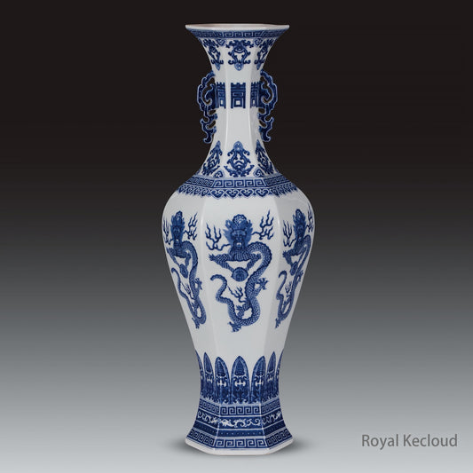 Imperial Ceramic Vase | Qing Dynasty Qianlong | Blue and White Hexagonal ‘Dragon’ Zun