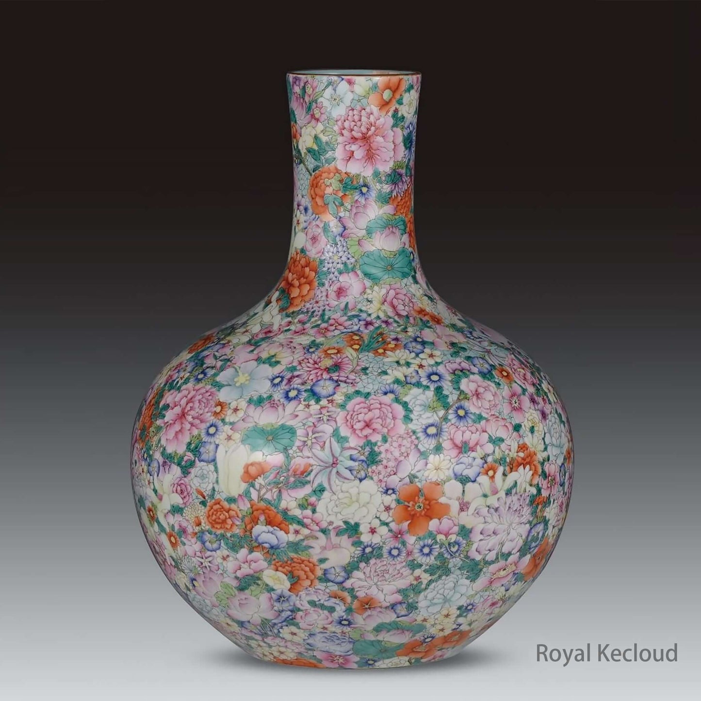 Imperial Ceramic Vase featuring colorful Mille-Fleurs decoration representing Qing Dynasty Qianlong artistry.