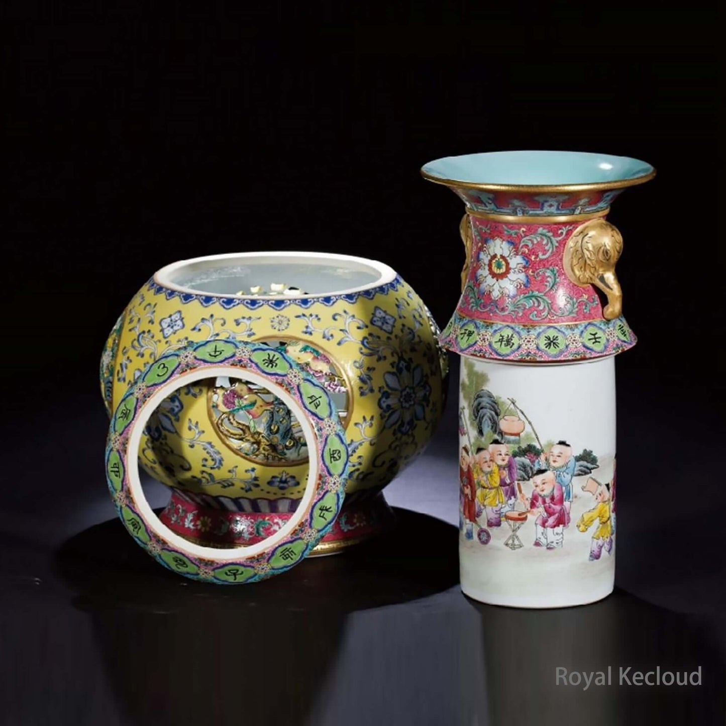 Famille Rose Porcelain Vase and colorful bowl showcasing Qing Dynasty craftsmanship and intricate designs.
