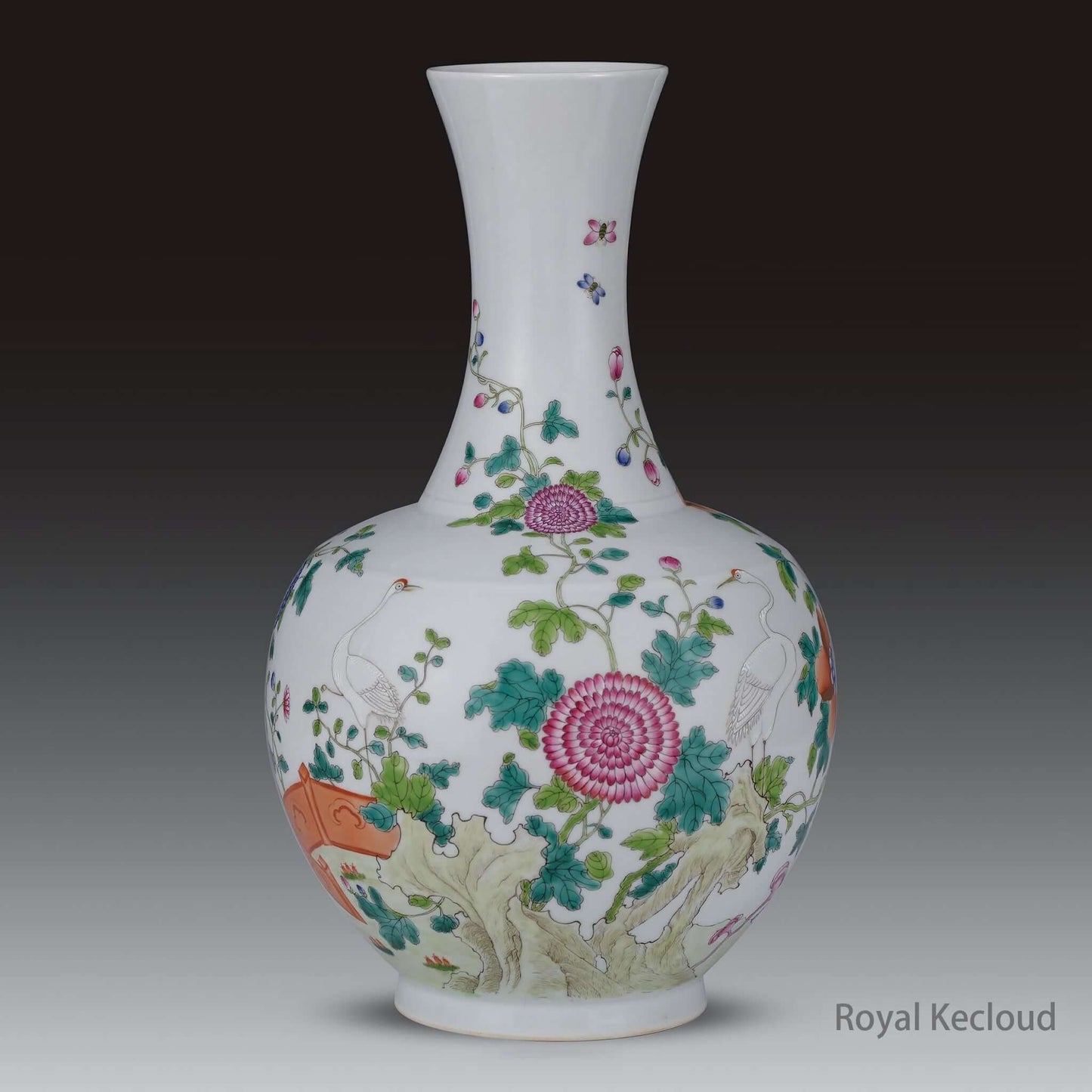 Famille Rose Porcelain Vase showcasing elegant design with cranes and peonies, symbolizing longevity and prosperity.