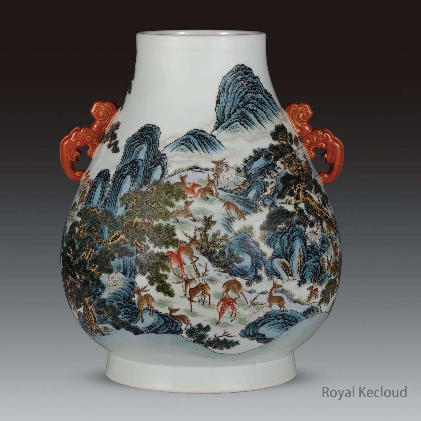 Famille Rose Porcelain Vase featuring a scenic depiction of deer, mountains, and streams from the Qing Dynasty Qianlong era.