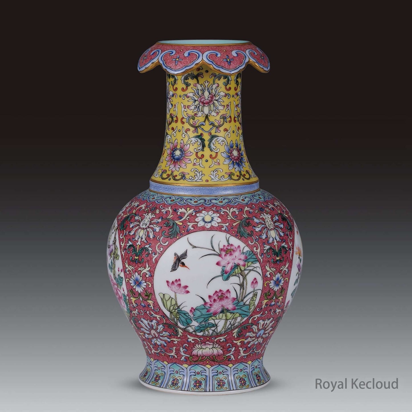Famille Rose Porcelain Vase showcasing vibrant colors and intricate floral designs, a stunning Qing Dynasty piece.