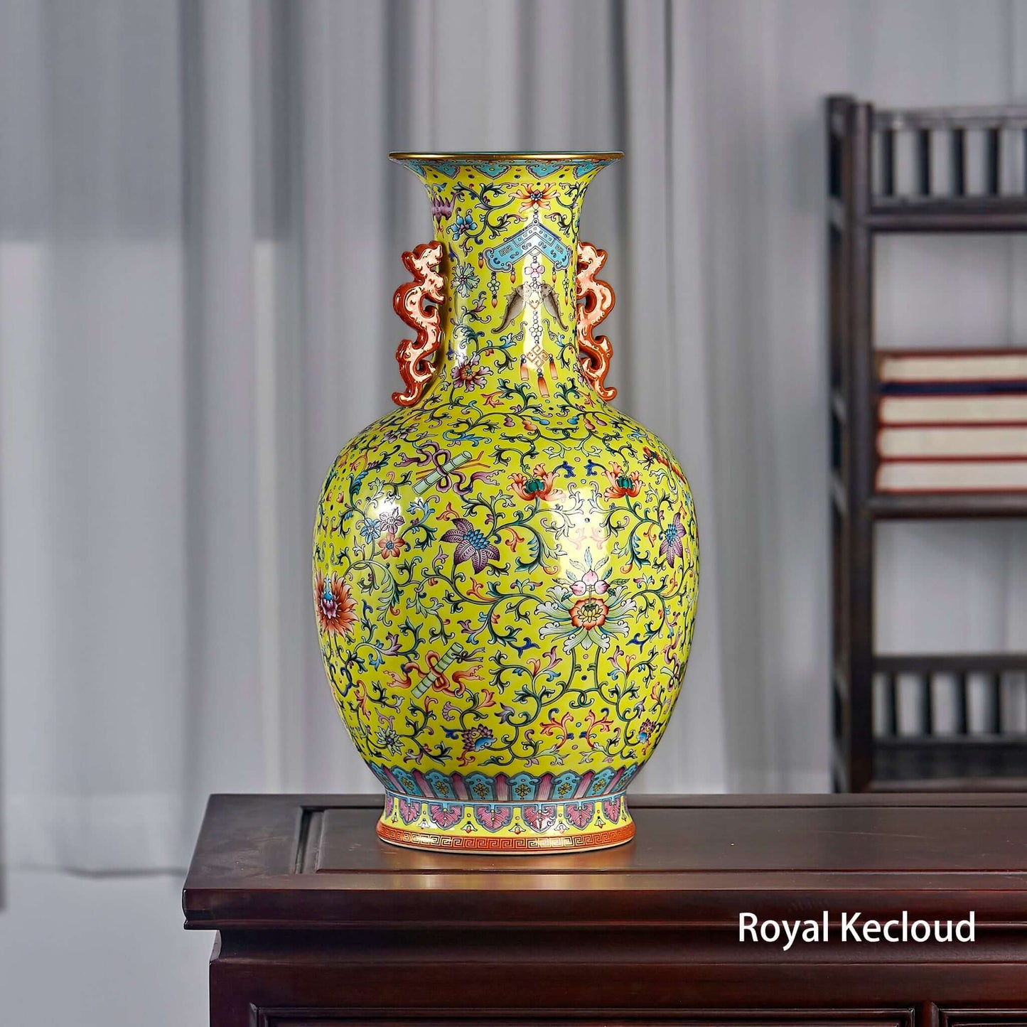 Imperial Famille Rose Porcelain Vase featuring elaborate yellow glaze and intricate designs, reflecting Qing Dynasty artistry.