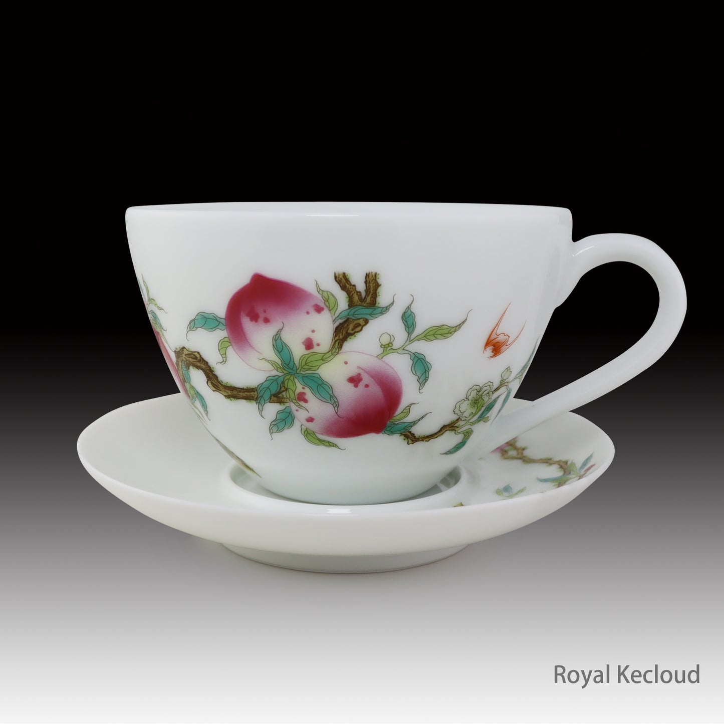Imperial Peach & Bat Porcelain Coffee Cup and Saucer Set – Symbol of Happiness, Health & Longevity