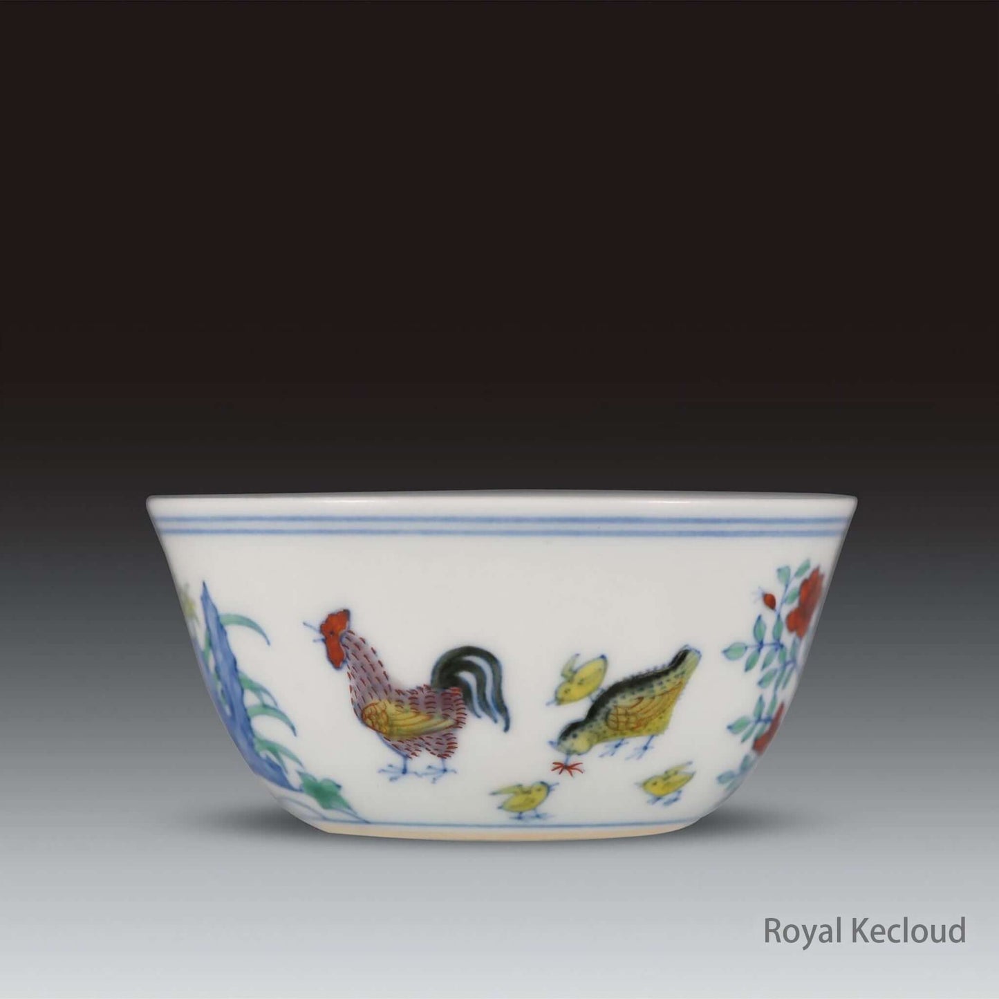 Doucai Porcelain Chicken Cup featuring a rooster and hen design under peonies, symbolizing prosperity and family harmony.