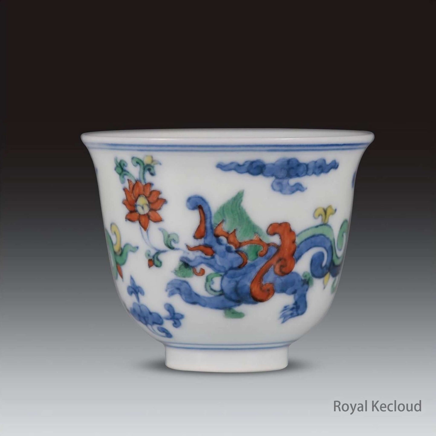 Doucai Ceramic Cup showcasing Ming Dynasty Chenghua design with vibrant colors and intricate dragon patterns.