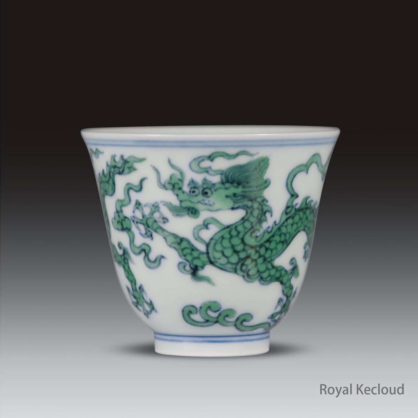 Royal Doucai Ceramic Cup featuring green dragon design, symbolizing power and vitality in Ming Dynasty art.