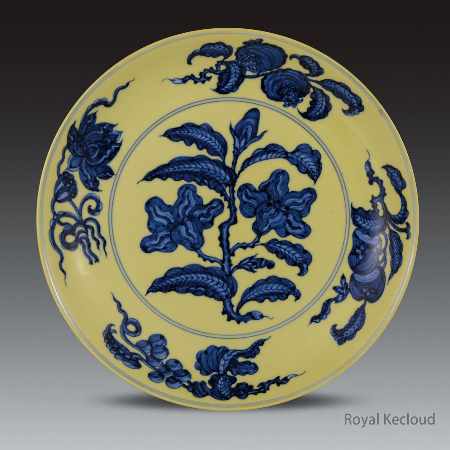 Imperial Porcelain Dish | Ming Dynasty Hongzhi | Yellow-Ground Blue and White ‘Gardenia’ Dish