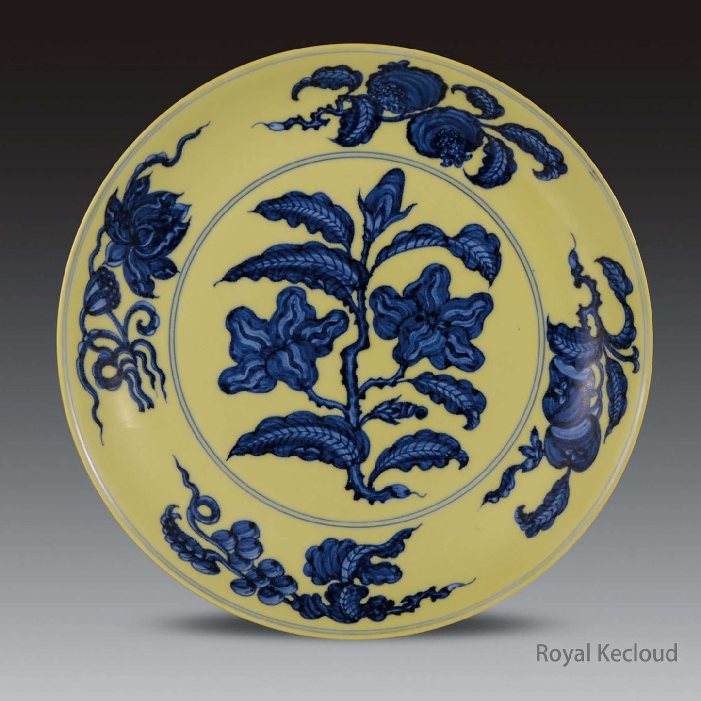 Imperial Ceramic Dish featuring a yellow-ground Gardenia design with cobalt-blue blossoms, a prime example of Ming Dynasty ceramics.