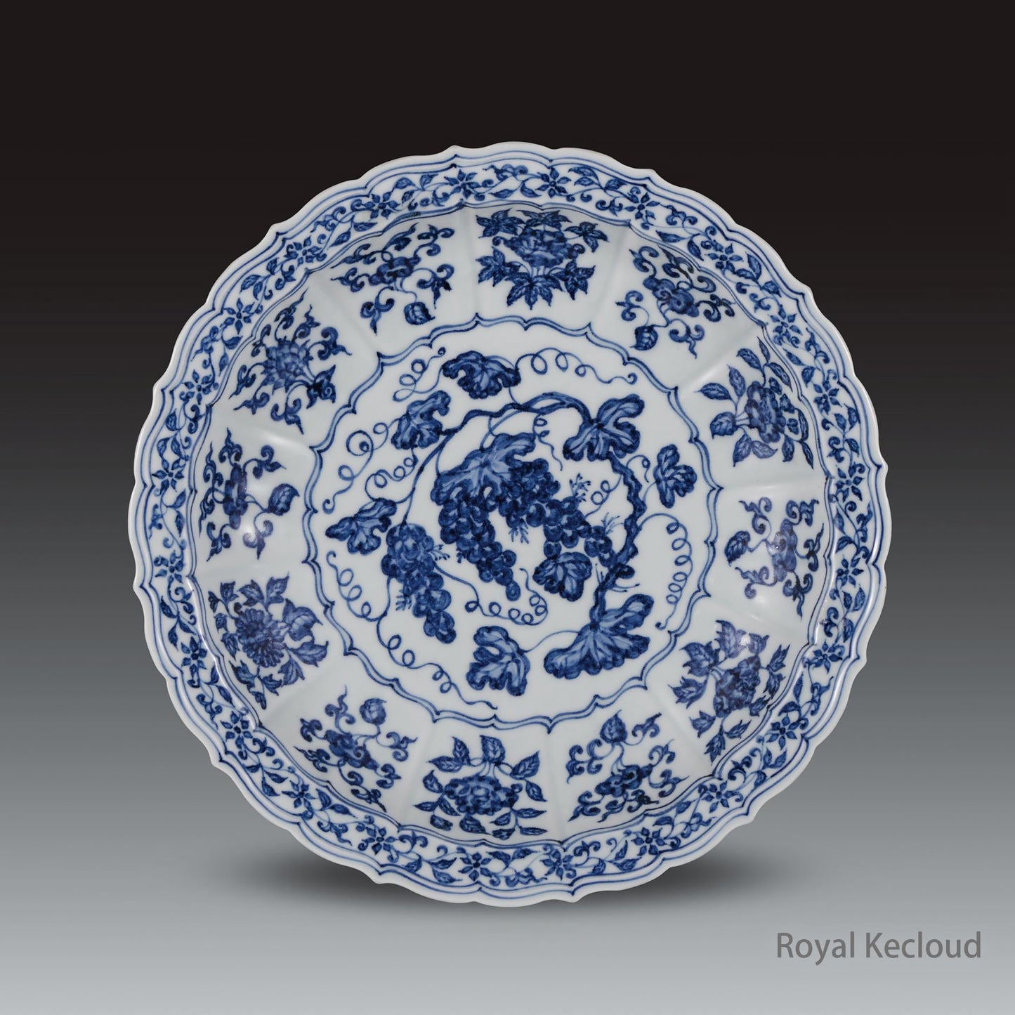 Imperial Porcelain Dish | Ming Dynasty Yongle | Blue and White Barbed ‘Grape’ Porcelain Dish