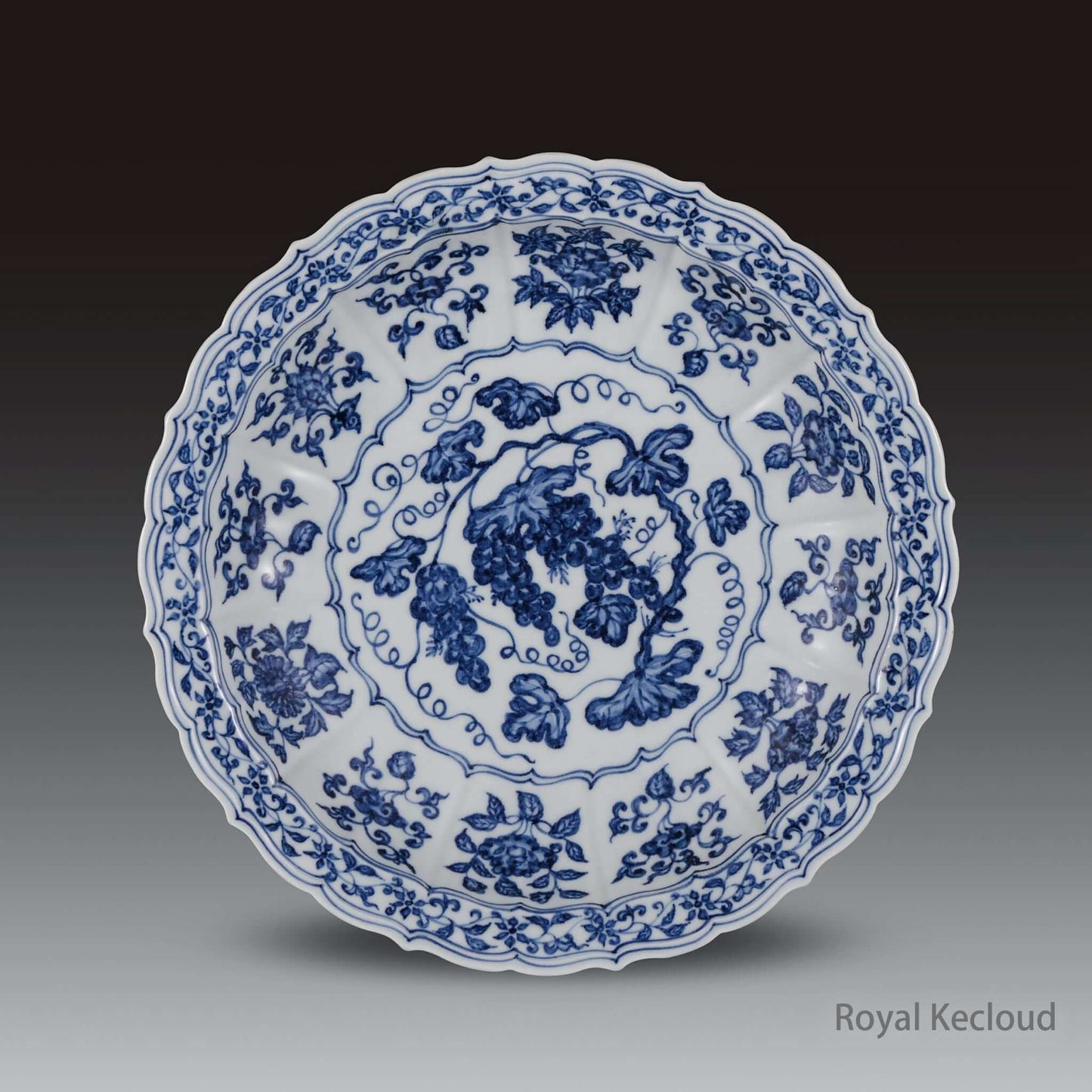 Chinese Ceramic Dish featuring intricate blue and white grape vine designs from the Ming Dynasty Yongle era.