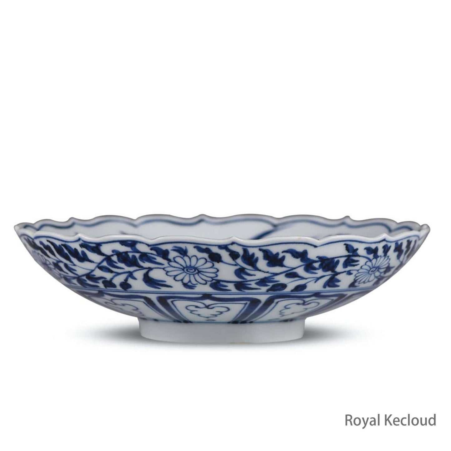 Blue and White Ceramic Dish featuring floral designs from the Yuan Dynasty with elegant scalloped edges.