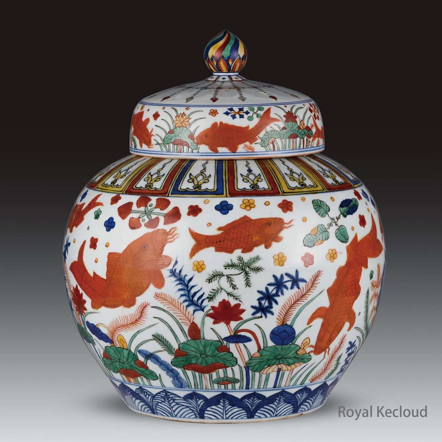 Wucai Porcelain Jar featuring vibrant colors and intricate designs of carp and lotus flowers.