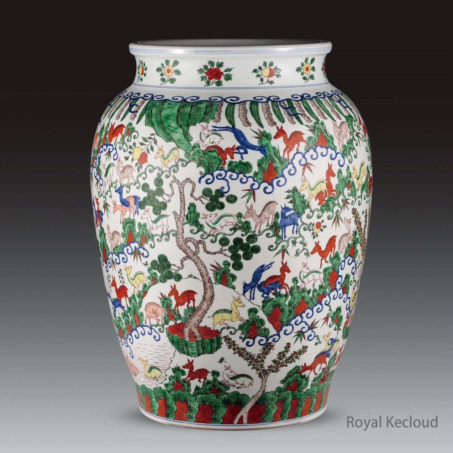 Wucai Porcelain Jar with vivid colors depicting a Hundred Deer landscape, symbolizing longevity and prosperity.
