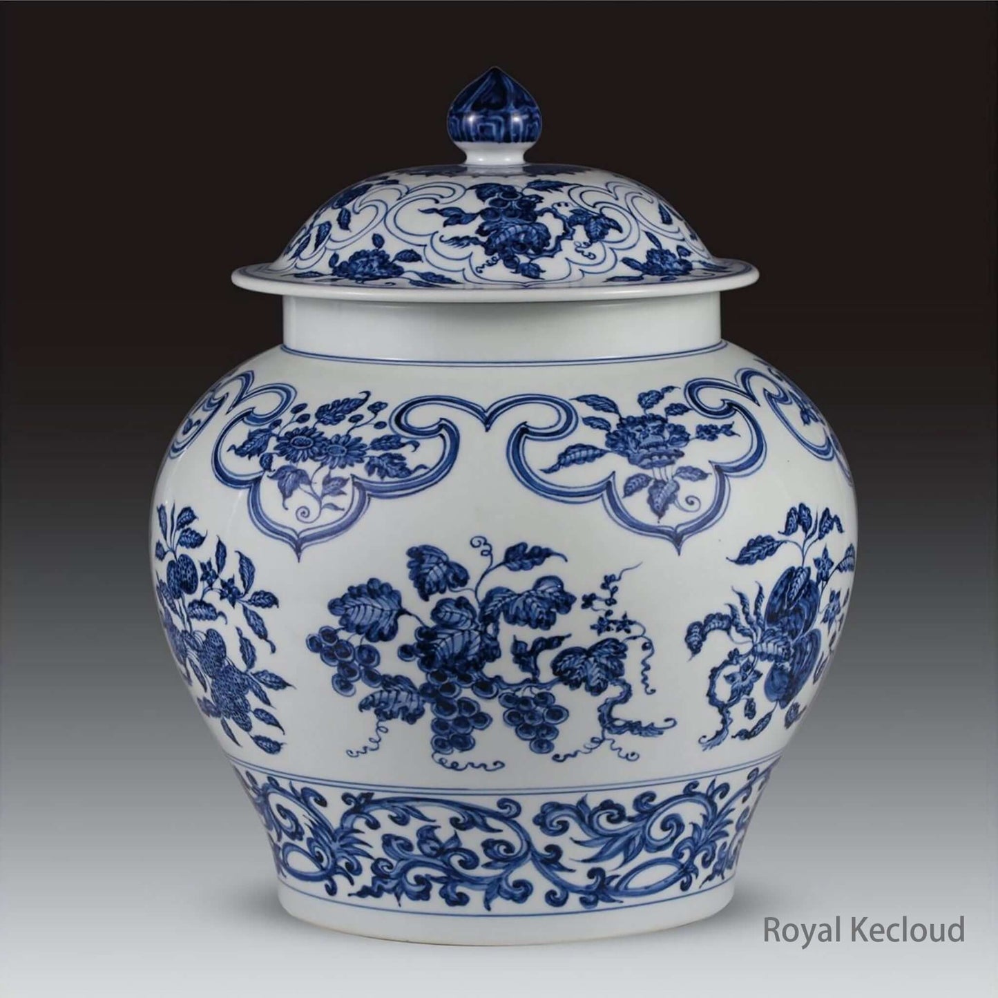 Blue and White Porcelain Jar with floral and fruit designs, showcasing Ming Dynasty craftsmanship.