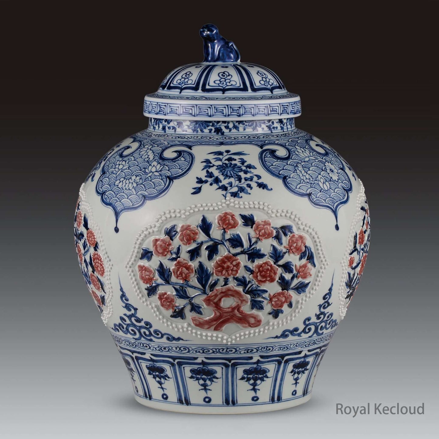 Underglazed Red Porcelain Jar showcasing intricate floral designs and a cobalt blue and copper red color scheme.