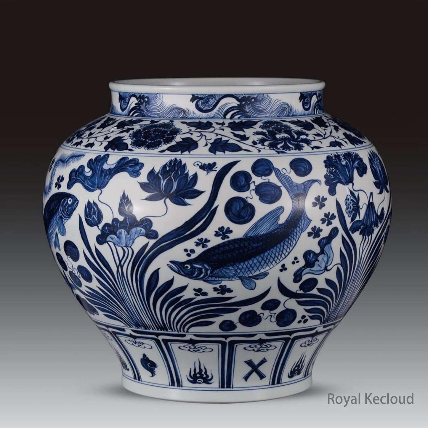 Blue and White Ceramic Jar featuring intricate fish and aquatic designs, showcasing Yuan Dynasty craftsmanship.