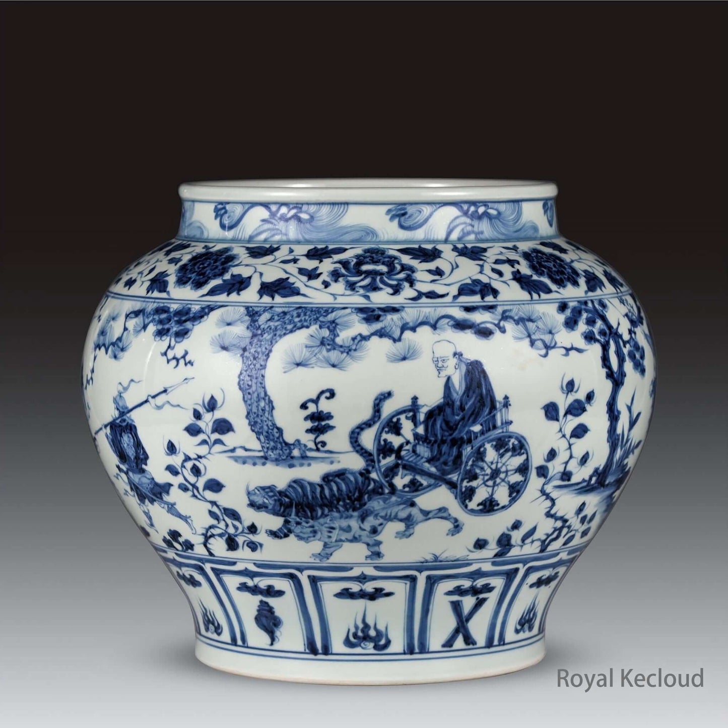 Blue and White Porcelain Jar featuring Guiguzi Xia Shan Guan scene from Yuan Dynasty.