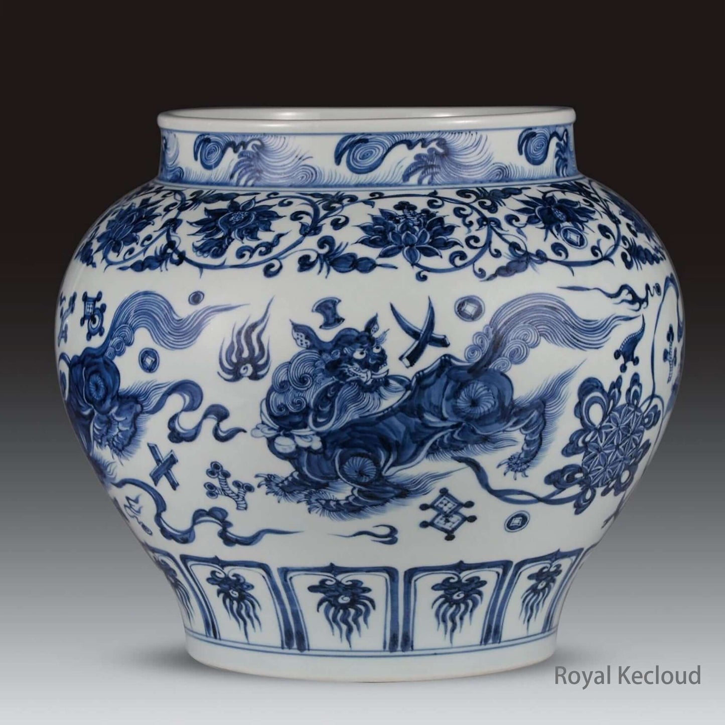 Blue and White Ceramic Porcelain Jar featuring Shizi and floral designs from the Yuan Dynasty