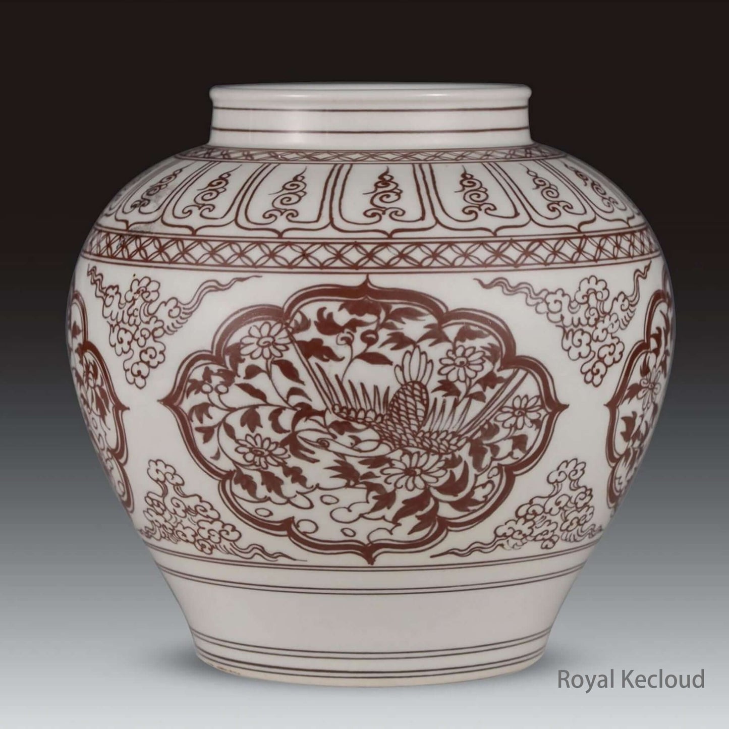 Imperial Porcelain Jar featuring detailed floral and phoenix motifs in underglaze-red design.