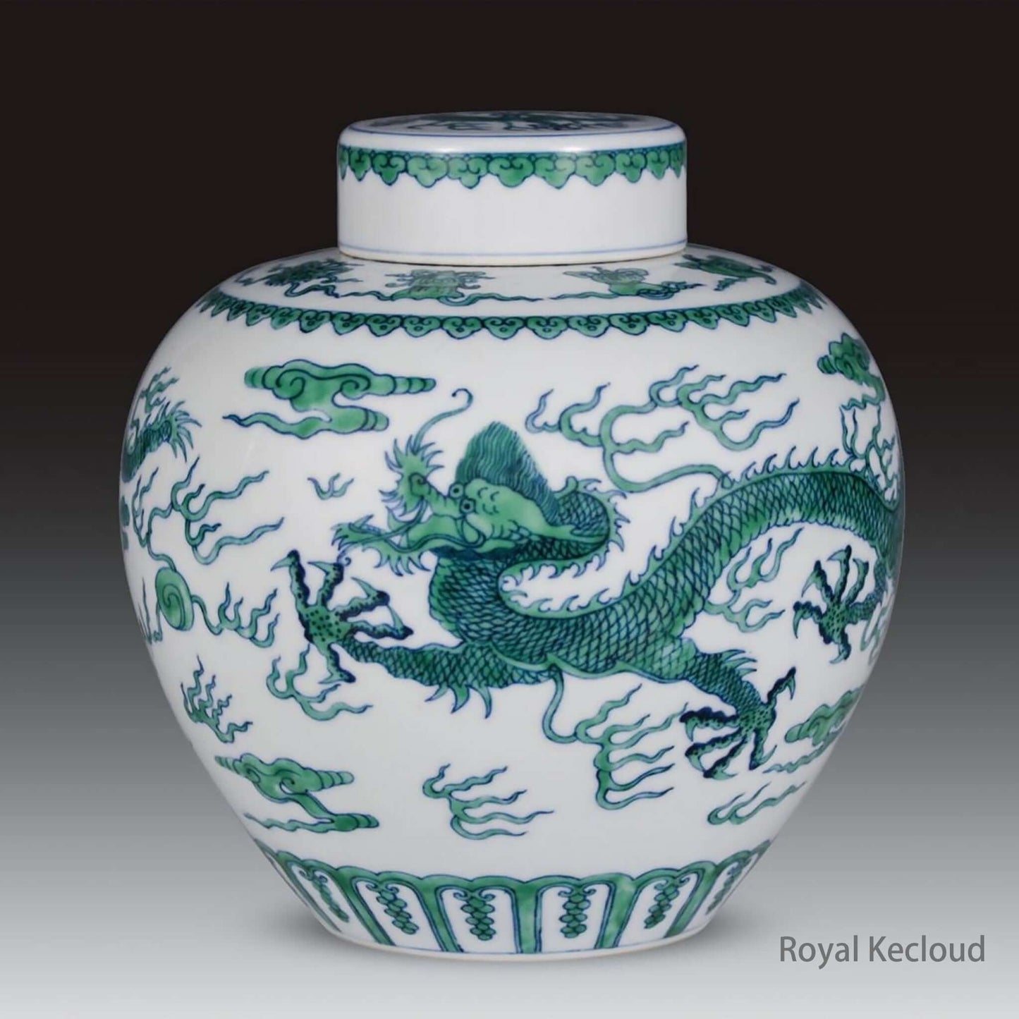Doucai Porcelain Jar featuring a green dragon and swirling clouds, showcasing Qing Dynasty Qianlong artistry.